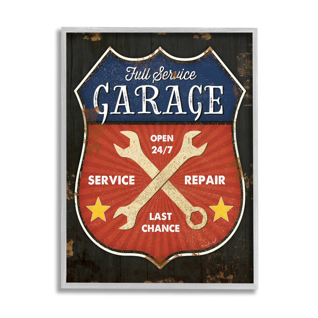 Stupell Industries Full Service Garage Sign Rustic Americana Highway Symbol in Gray Frame Wall Art